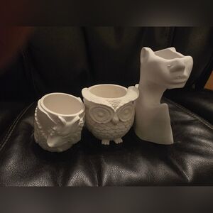 Lot Of 3 Planters For DIY Painting FACE, Owl & Wolves Pots / Vases